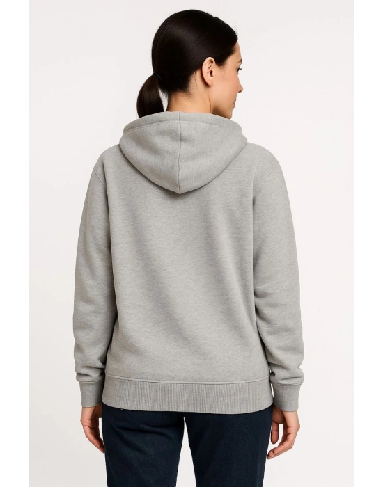 Kadın Üç İplik Kapüşonlu Tam Fermuarlı Kanguru Çepli SweatShirt Hoodie - Gri
