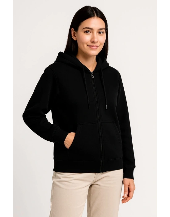 Kadın Üç İplik Kapüşonlu Tam Fermuarlı Kanguru Çepli SweatShirt Hoodie - Siyah