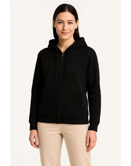 Kadın Üç İplik Kapüşonlu Tam Fermuarlı Kanguru Çepli SweatShirt Hoodie - Siyah