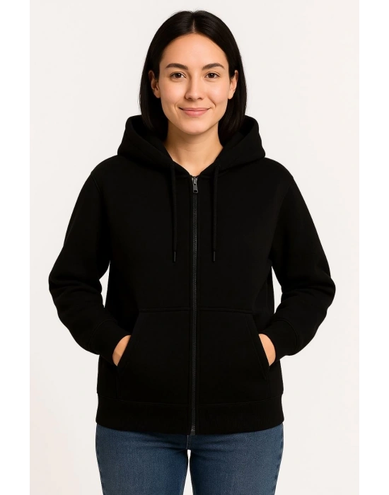 Kadın Üç İplik Kapüşonlu Tam Fermuarlı Kanguru Çepli SweatShirt Hoodie - Siyah