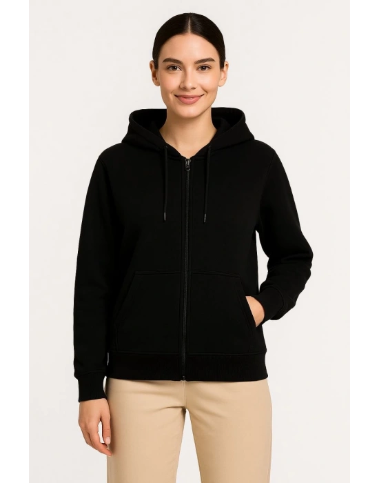 Kadın Üç İplik Kapüşonlu Tam Fermuarlı Kanguru Çepli SweatShirt Hoodie - Siyah