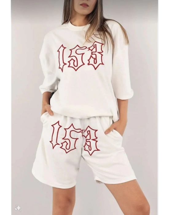 Kadın Nakış İşlemeli Şort Takım - Beyaz