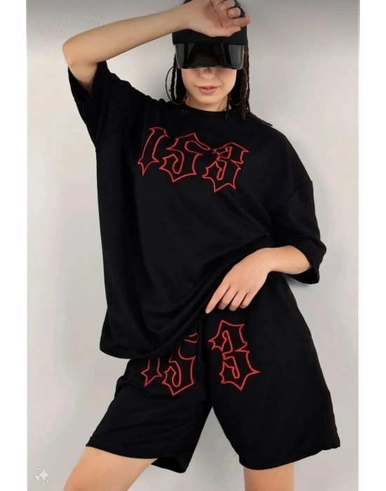 Kadın Nakış İşlemeli Şort Takım - Siyah