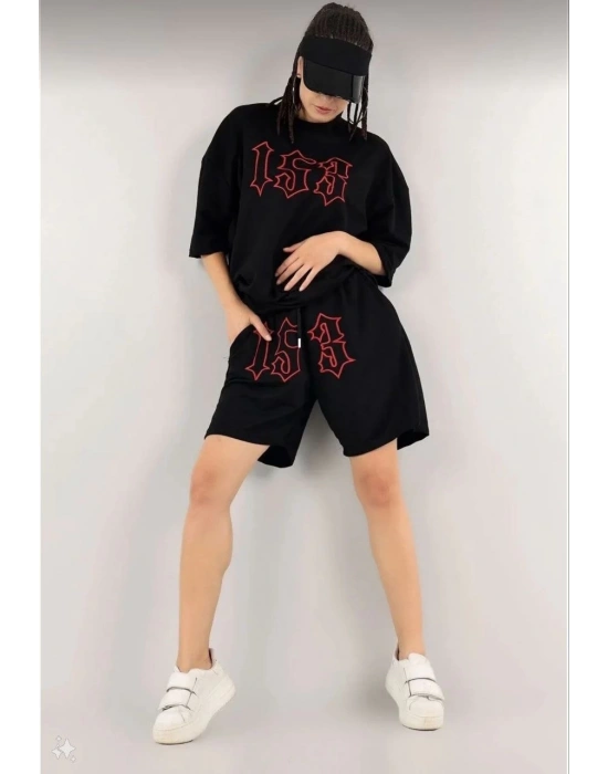 Kadın Nakış İşlemeli Şort Takım - Siyah