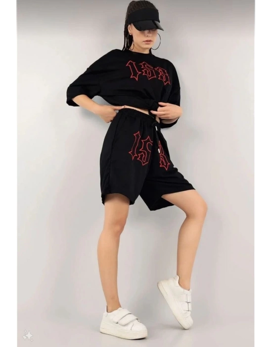 Kadın Nakış İşlemeli Şort Takım - Siyah