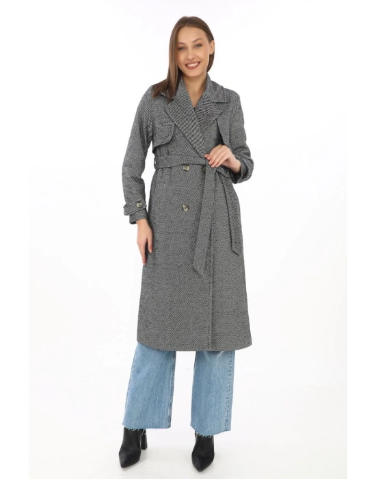 Kadın Uzun Kaşe Kaban Balık Sırtı Dokuma Kaşmir Kruvaze Yaka Kuşaklı Cepli - Boyalı Gri