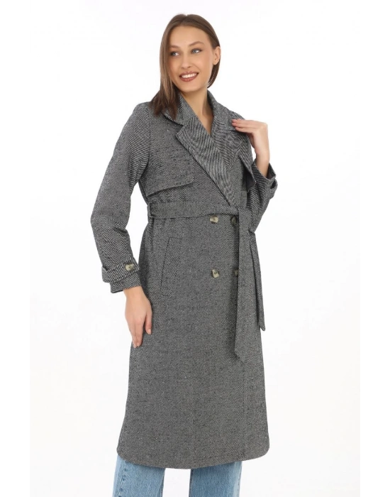 Kadın Uzun Kaşe Kaban Balık Sırtı Dokuma Kaşmir Kruvaze Yaka Kuşaklı Cepli - Boyalı Gri