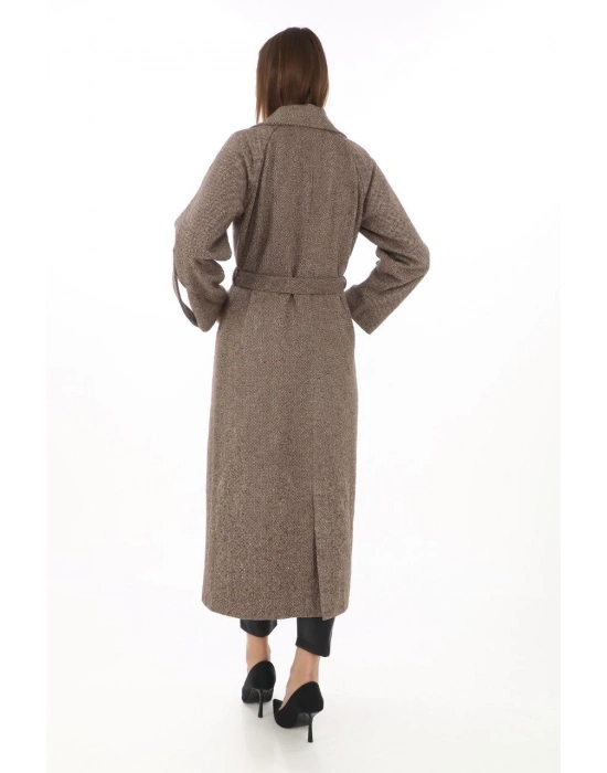 Kadın Uzun Kaşe Kaban Yünlü Dokuma Kaşmir Kruvaze Yaka Kuşaklı Astarlı Tesettür - Vizon