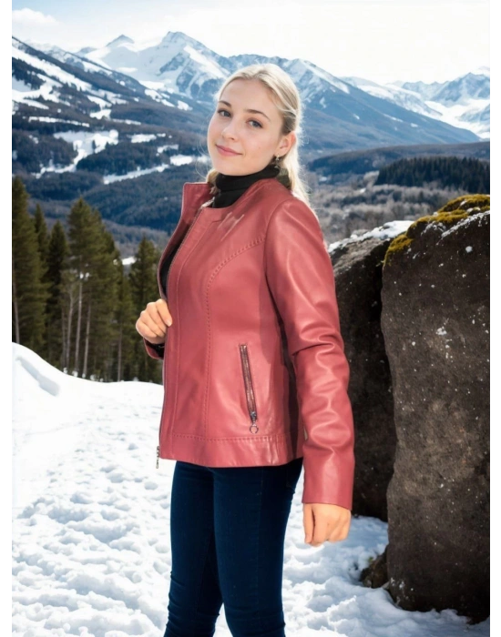 Kadın Uzun Kollu Deri Ceket - Bordo