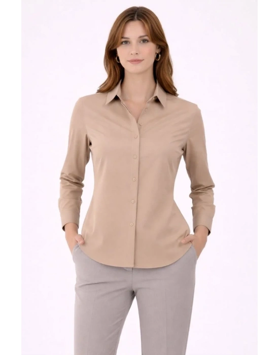 Kadın Uzun Kollu Gömlek Düğmeli Klasik Yaka Günlük ve Ofis Şıklığına uygun - Bej