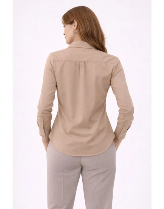 Kadın Uzun Kollu Gömlek Düğmeli Klasik Yaka Günlük ve Ofis Şıklığına uygun - Bej