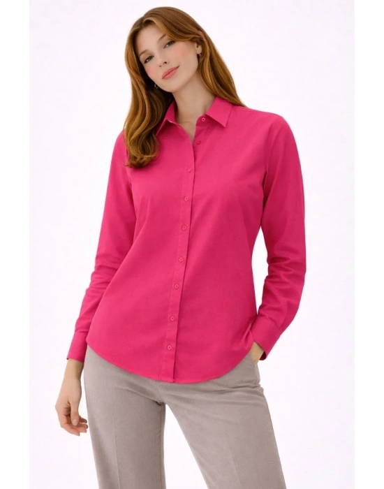Kadın Uzun Kollu Gömlek Düğmeli Klasik Yaka Günlük ve Ofis Şıklığına uygun - Fuşya