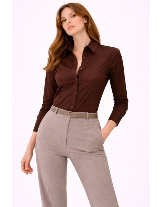 Kadın Uzun Kollu Gömlek Düğmeli Klasik Yaka Günlük ve Ofis Şıklığına uygun - Kahverengi