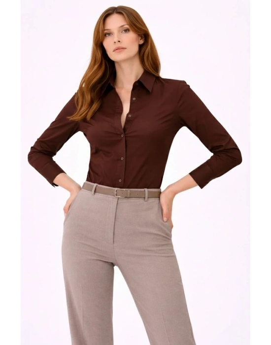 Kadın Uzun Kollu Gömlek Düğmeli Klasik Yaka Günlük ve Ofis Şıklığına uygun - Kahverengi