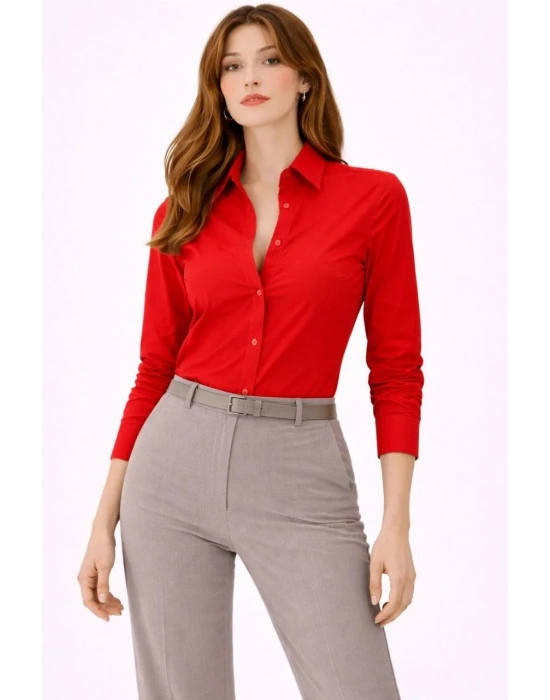Kadın Uzun Kollu Gömlek Düğmeli Klasik Yaka Günlük ve Ofis Şıklığına uygun - Kırmızı