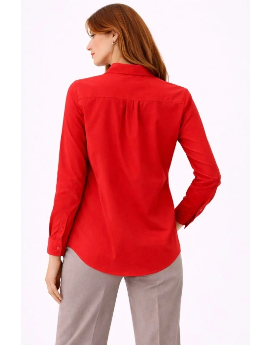 Kadın Uzun Kollu Gömlek Düğmeli Klasik Yaka Günlük ve Ofis Şıklığına uygun - Kırmızı