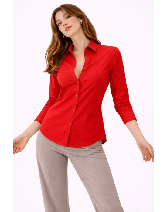 Kadın Uzun Kollu Gömlek Düğmeli Klasik Yaka Günlük ve Ofis Şıklığına uygun - Kırmızı