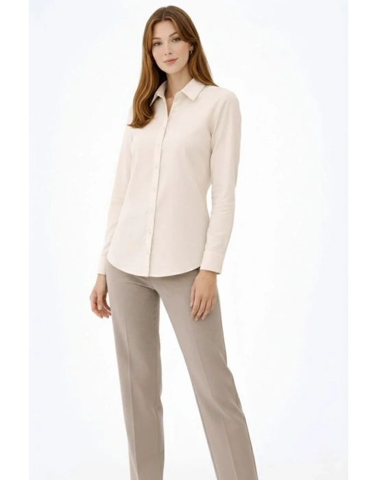 Kadın Uzun Kollu Gömlek Düğmeli Klasik Yaka Günlük ve Ofis Şıklığına uygun - Krem