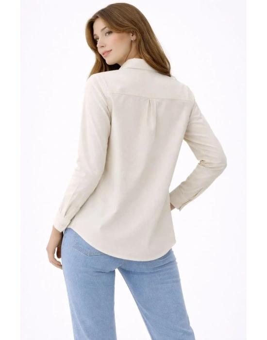 Kadın Uzun Kollu Gömlek Düğmeli Klasik Yaka Günlük ve Ofis Şıklığına uygun - Krem