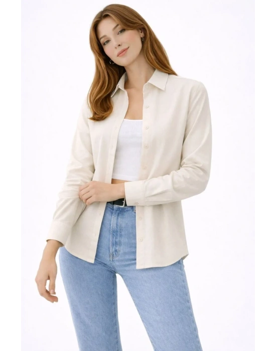Kadın Uzun Kollu Gömlek Düğmeli Klasik Yaka Günlük ve Ofis Şıklığına uygun - Krem