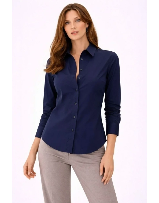 Kadın Uzun Kollu Gömlek Düğmeli Klasik Yaka Günlük ve Ofis Şıklığına uygun - Lacivert