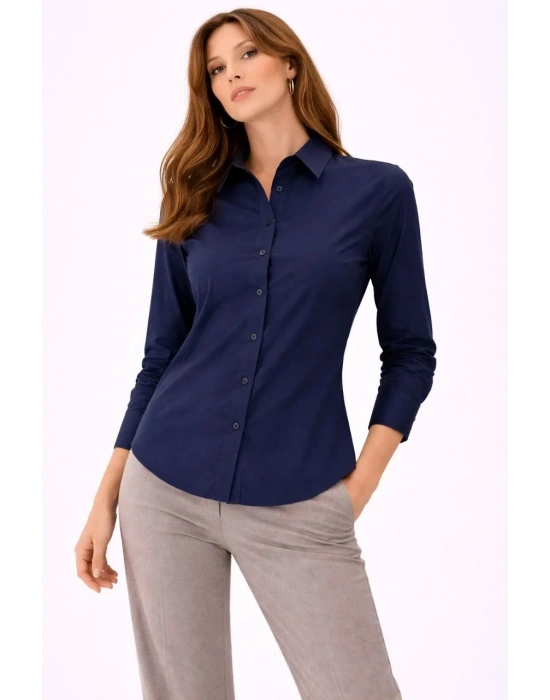 Kadın Uzun Kollu Gömlek Düğmeli Klasik Yaka Günlük ve Ofis Şıklığına uygun - Lacivert