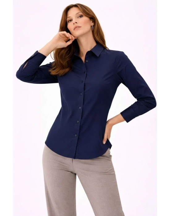 Kadın Uzun Kollu Gömlek Düğmeli Klasik Yaka Günlük ve Ofis Şıklığına uygun - Lacivert