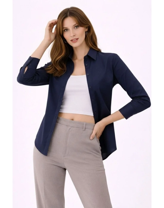 Kadın Uzun Kollu Gömlek Düğmeli Klasik Yaka Günlük ve Ofis Şıklığına uygun - Lacivert