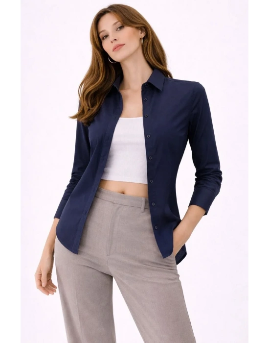 Kadın Uzun Kollu Gömlek Düğmeli Klasik Yaka Günlük ve Ofis Şıklığına uygun - Lacivert