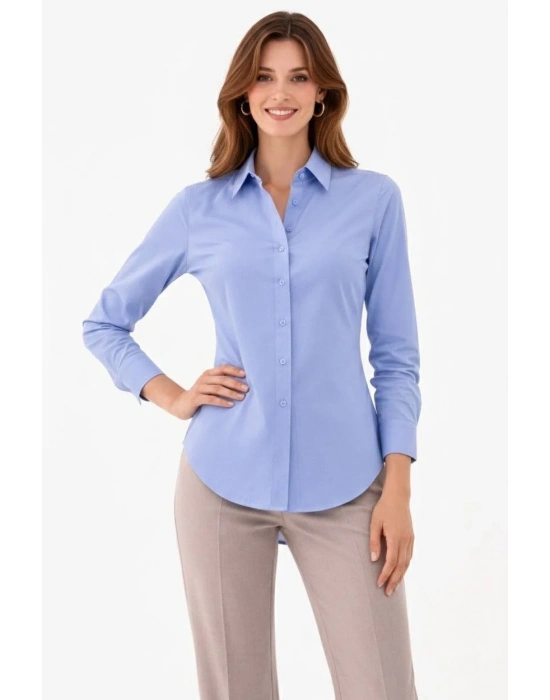 Kadın Uzun Kollu Gömlek Düğmeli Klasik Yaka Günlük ve Ofis Şıklığına uygun - Mavi
