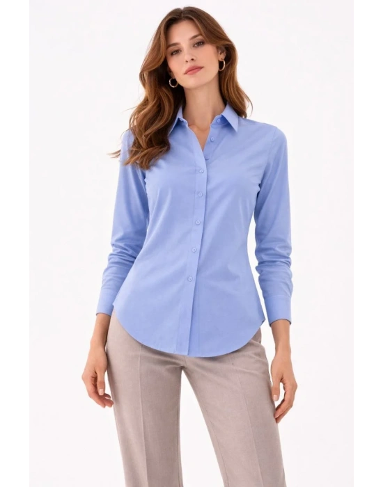 Kadın Uzun Kollu Gömlek Düğmeli Klasik Yaka Günlük ve Ofis Şıklığına uygun - Mavi