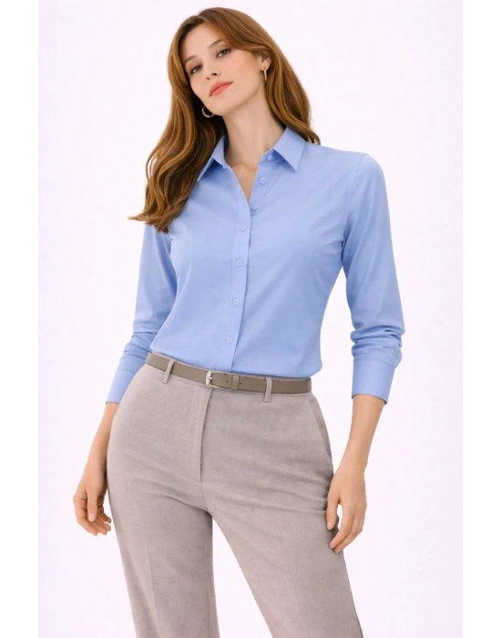 Kadın Uzun Kollu Gömlek Düğmeli Klasik Yaka Günlük ve Ofis Şıklığına uygun - Mavi