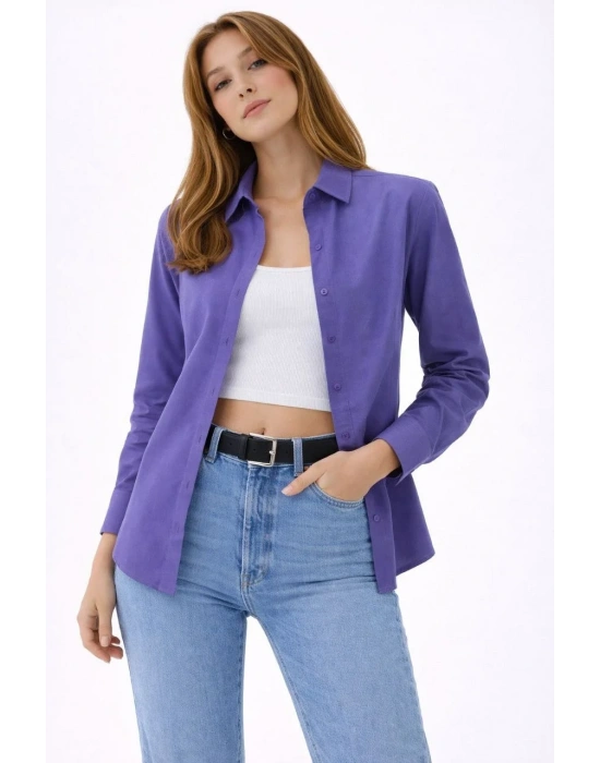Kadın Uzun Kollu Gömlek Düğmeli Klasik Yaka Günlük ve Ofis Şıklığına uygun - Mor