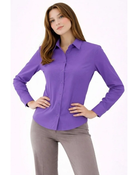 Kadın Uzun Kollu Gömlek Düğmeli Klasik Yaka Günlük ve Ofis Şıklığına uygun - Mor
