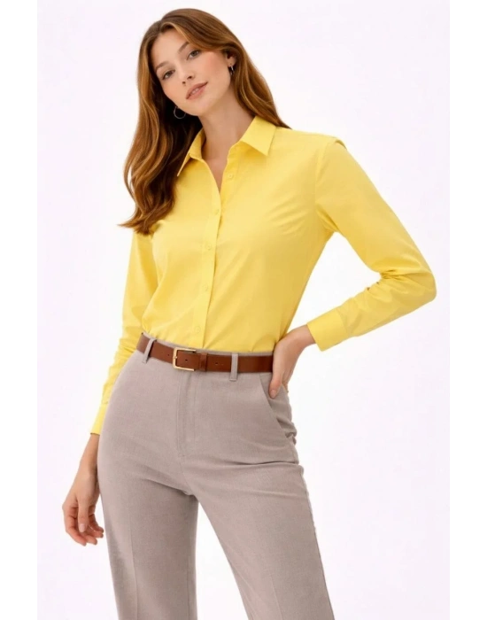 Kadın Uzun Kollu Gömlek Düğmeli Klasik Yaka Günlük ve Ofis Şıklığına uygun - Sarı