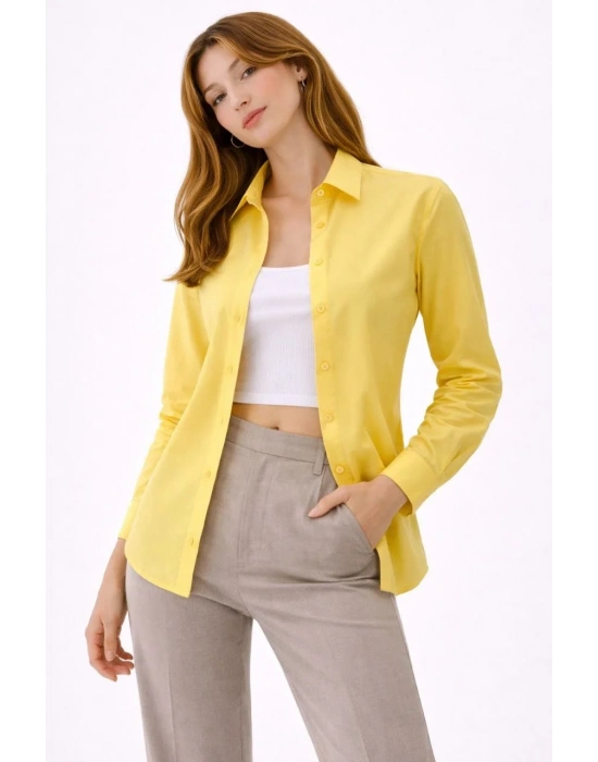 Kadın Uzun Kollu Gömlek Düğmeli Klasik Yaka Günlük ve Ofis Şıklığına uygun - Sarı