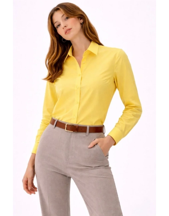 Kadın Uzun Kollu Gömlek Düğmeli Klasik Yaka Günlük ve Ofis Şıklığına uygun - Sarı