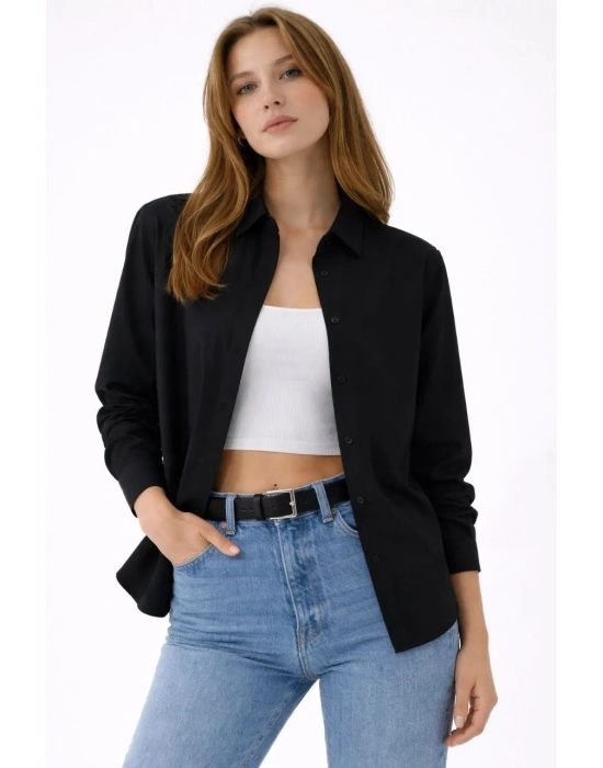 Kadın Uzun Kollu Gömlek Düğmeli Klasik Yaka Günlük ve Ofis Şıklığına uygun - Siyah