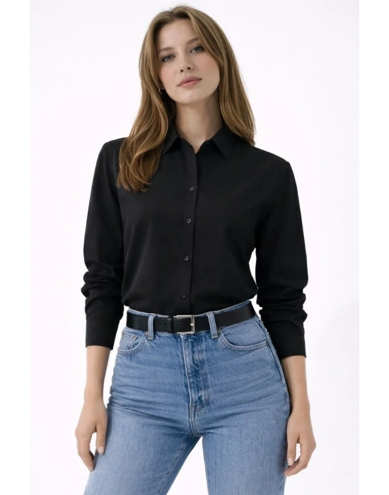 Kadın Uzun Kollu Gömlek Düğmeli Klasik Yaka Günlük ve Ofis Şıklığına uygun - Siyah