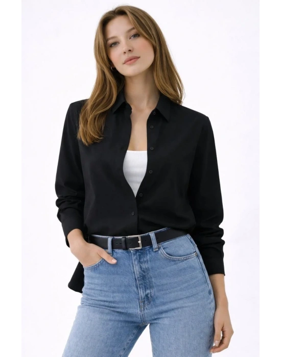 Kadın Uzun Kollu Gömlek Düğmeli Klasik Yaka Günlük ve Ofis Şıklığına uygun - Siyah