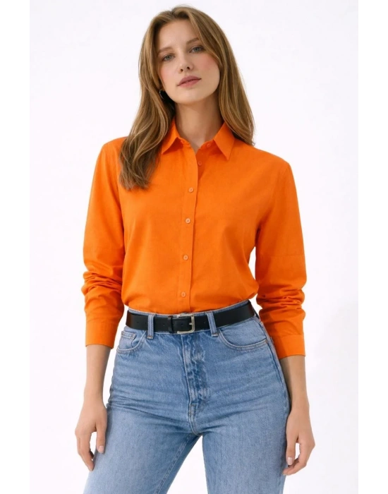 Kadın Uzun Kollu Gömlek Düğmeli Klasik Yaka Günlük ve Ofis Şıklığına uygun - Turuncu