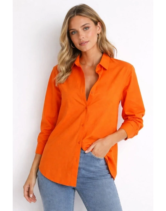 Kadın Uzun Kollu Gömlek Düğmeli Klasik Yaka Günlük ve Ofis Şıklığına uygun - Turuncu