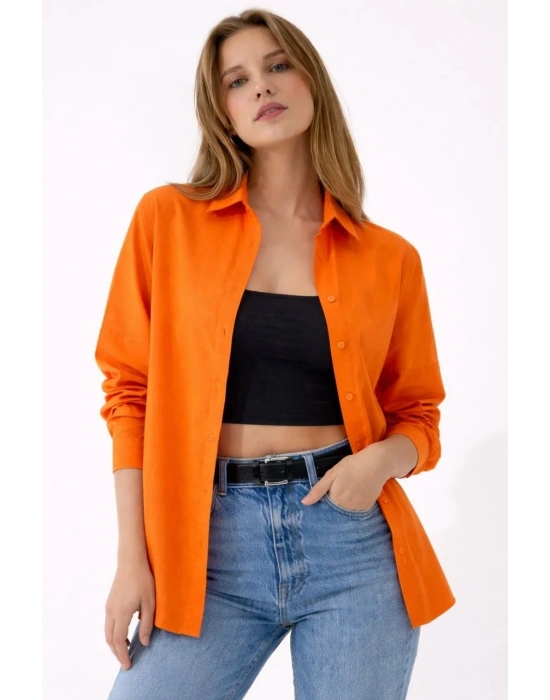 Kadın Uzun Kollu Gömlek Düğmeli Klasik Yaka Günlük ve Ofis Şıklığına uygun - Turuncu