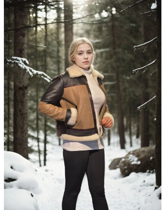 Kadın Uzun Kollu Yakalı Hakiki Kürk - Kahve