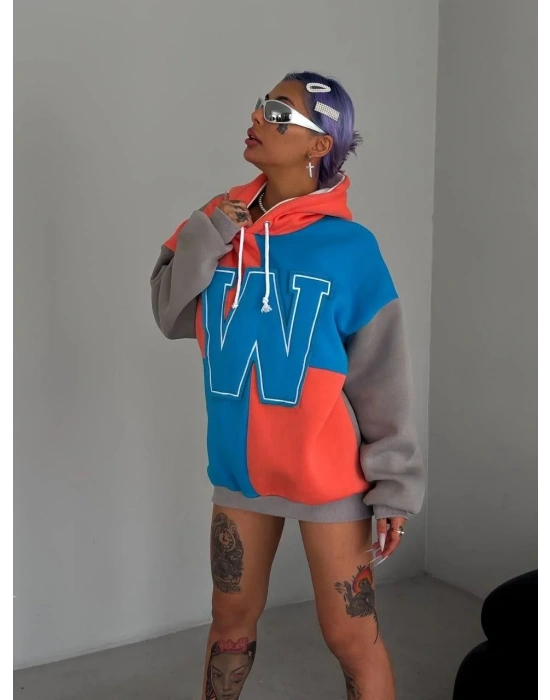 Kadın W Nakış İşlemeli Kapüşonlu Sweatshirt - Mavi