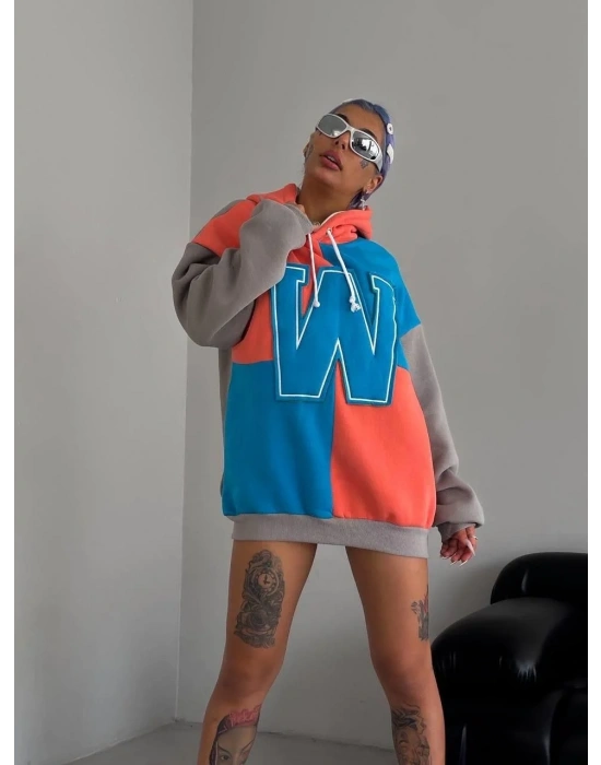 Kadın W Nakış İşlemeli Kapüşonlu Sweatshirt - Mavi