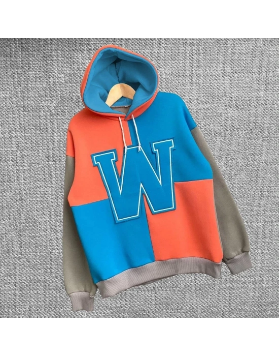 Kadın W Nakış İşlemeli Kapüşonlu Sweatshirt - Mavi