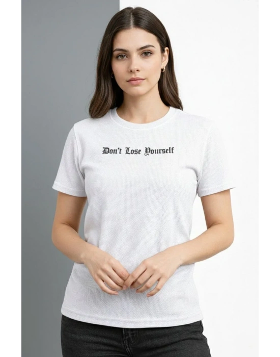 Kadın Wafıl Kumaş Tişört Regular Kalıp Bisiklet Yaka Baskılı Günlük Basic T-Shirt - Beyaz