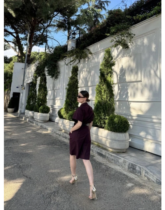 Kadın Yakalı Gömlek Kemerli Şortlu Takım - Bordo