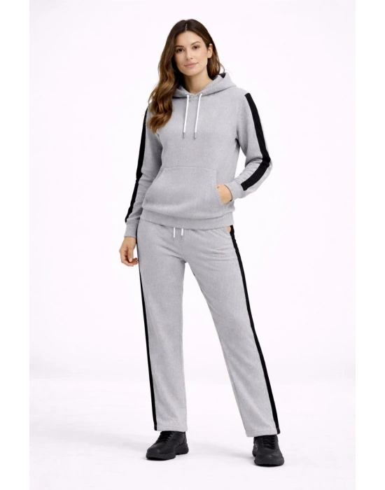 KADIN Yandan Şeritli Eşofman Takım Kapüşonlu Sweatshirt Boru Paça Alt Oversize 3 - Gri